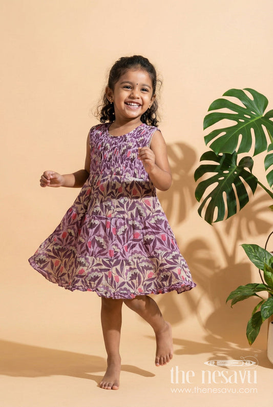 The Nesavu Girls Cotton Frock Girls Purple Printed Cotton Frock with Gathers and Layered Hem in Unique Different Frock Design Nesavu 16 (1Y) / Purple GFC1310A-16 Nesavu Girls Purple Cotton Frock Kantha Inspired Print Playful Layering different frock design