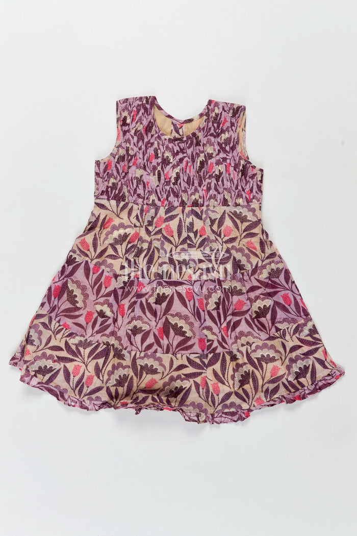 The Nesavu Girls Cotton Frock Girls Purple Printed Cotton Frock with Gathers and Layered Hem in unique different frock design Nesavu 16 (1Y) / Purple GFC1310A-16 Nesavu Girls Purple Cotton Frock Kantha Inspired Print Playful Layering different frock design