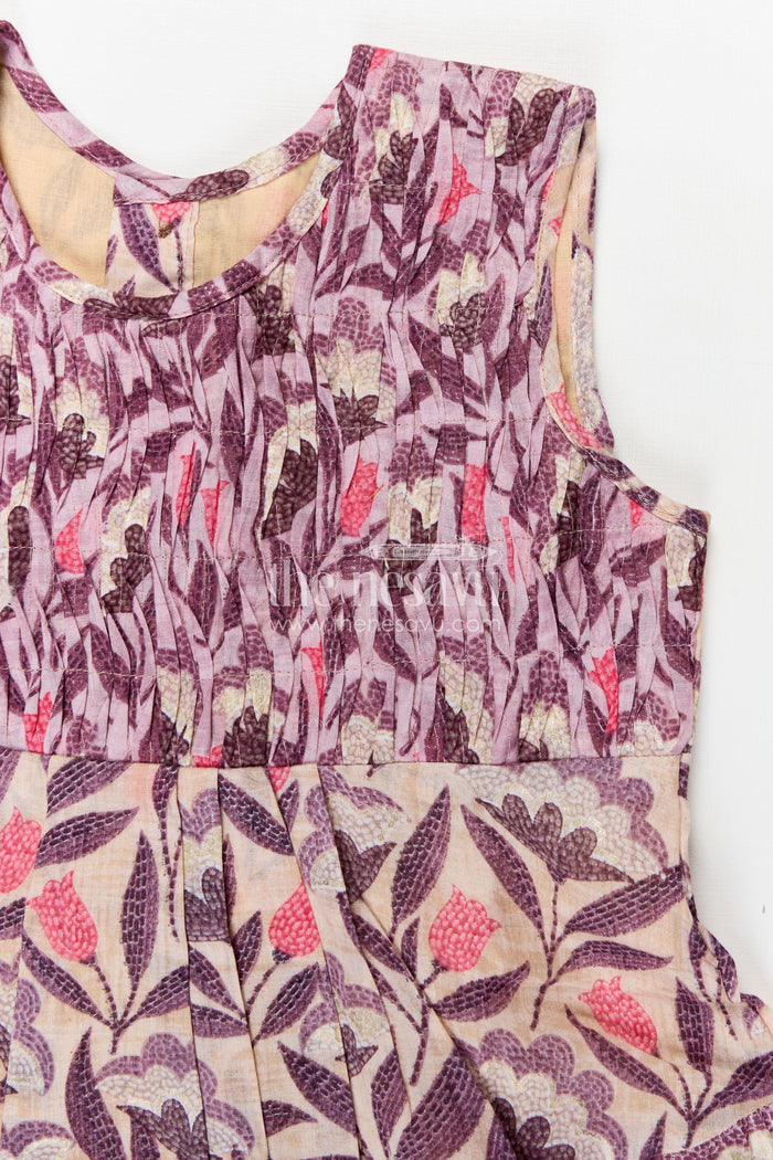 The Nesavu Girls Cotton Frock Girls Purple Printed Cotton Frock with Gathers and Layered Hem in unique different frock design Nesavu Nesavu Girls Purple Cotton Frock Kantha Inspired Print Playful Layering different frock design