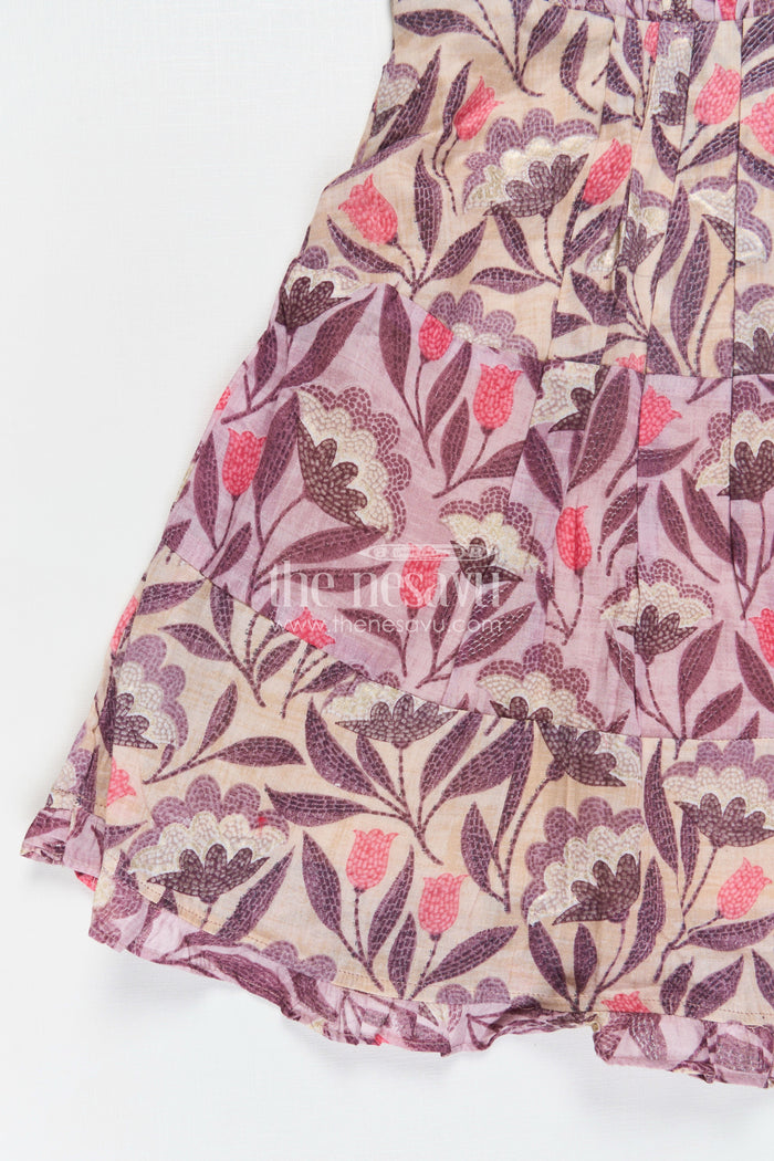 The Nesavu Girls Cotton Frock Girls Purple Printed Cotton Frock with Gathers and Layered Hem in unique different frock design Nesavu Nesavu Girls Purple Cotton Frock Kantha Inspired Print Playful Layering different frock design