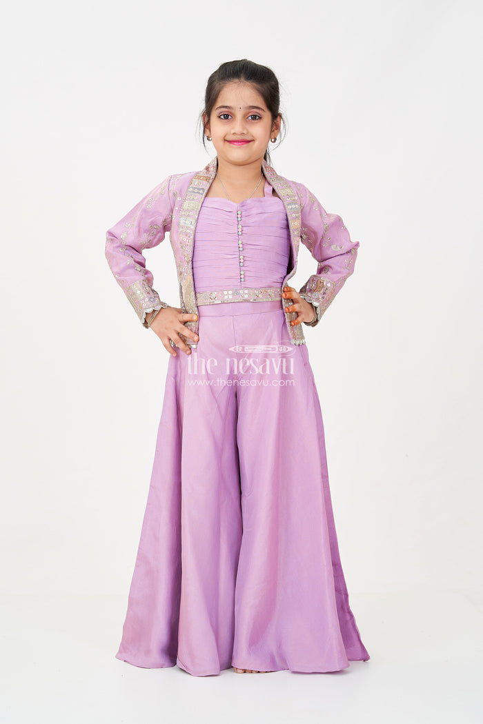 The Nesavu Girls Sharara / Plazo Set Girls Purple Sharara Set with Embroidered Jacket in Viscose Tissue and Matching Plazo Nesavu Nesavu Girls Purple Sharara Set Embellished Jacket Viscose Tissue Plazo
