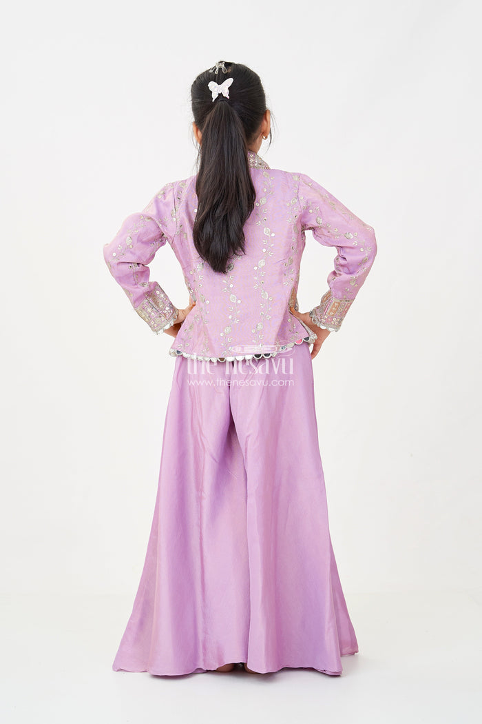 The Nesavu Girls Sharara / Plazo Set Girls Purple Sharara Set with Embroidered Jacket in Viscose Tissue and Matching Plazo Nesavu Nesavu Girls Purple Sharara Set Embellished Jacket Viscose Tissue Plazo