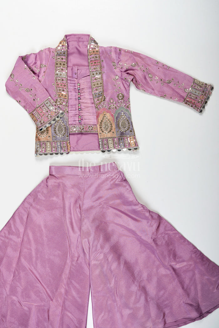 The Nesavu Girls Sharara / Plazo Set Girls Purple Sharara Set with Embroidered Jacket in Viscose Tissue and Matching Plazo Nesavu Nesavu Girls Purple Sharara Set Embellished Jacket Viscose Tissue Plazo