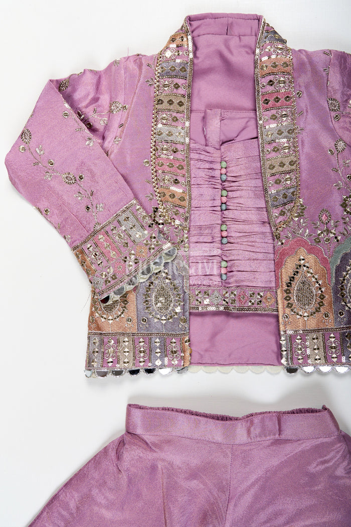 The Nesavu Girls Sharara / Plazo Set Girls Purple Sharara Set with Embroidered Jacket in Viscose Tissue and Matching Plazo Nesavu Nesavu Girls Purple Sharara Set Embellished Jacket Viscose Tissue Plazo