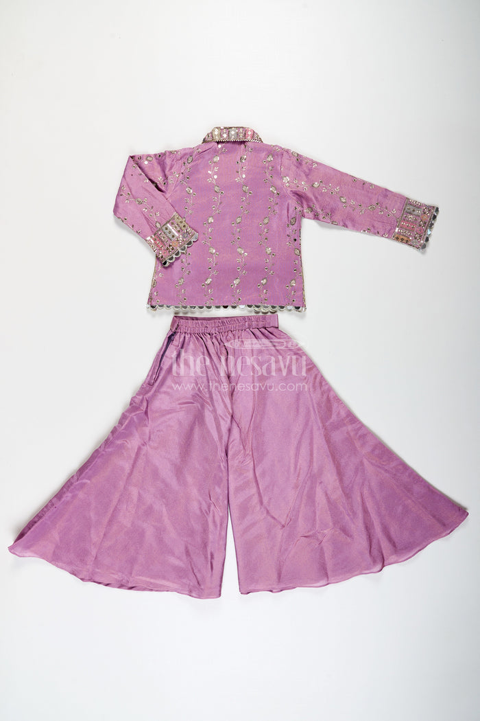 The Nesavu Girls Sharara / Plazo Set Girls Purple Sharara Set with Embroidered Jacket in Viscose Tissue and Matching Plazo Nesavu Nesavu Girls Purple Sharara Set Embellished Jacket Viscose Tissue Plazo