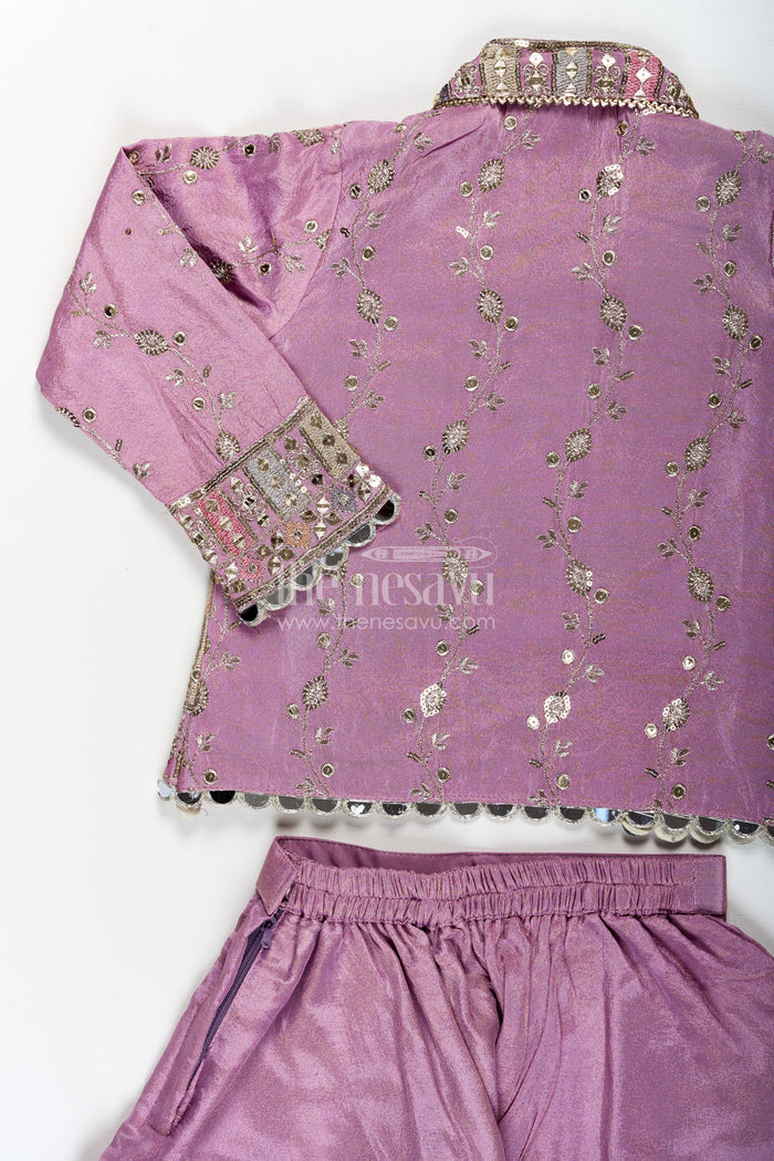 The Nesavu Girls Sharara / Plazo Set Girls Purple Sharara Set with Embroidered Jacket in Viscose Tissue and Matching Plazo Nesavu Nesavu Girls Purple Sharara Set Embellished Jacket Viscose Tissue Plazo
