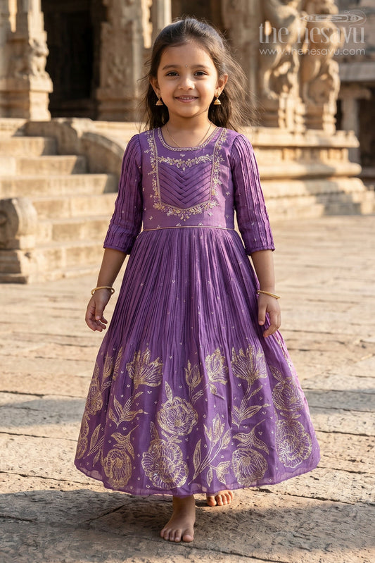 The Nesavu Girls Silk Gown Girls Purple Silk Gown with Designer Yoke for Birthday and Festive Wear Nesavu 24 (5Y) / Purple GA370A-24 Nesavu purple silk gown girls designer yoke  ideal birthdays festive celebrations