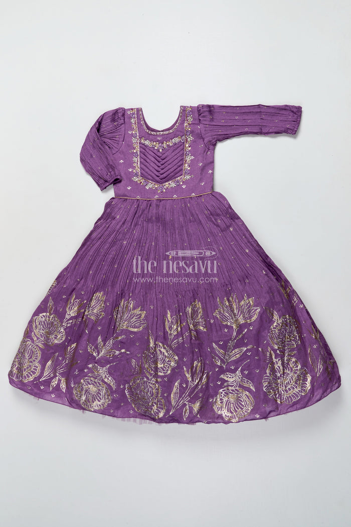 The Nesavu Girls Silk Gown Girls Purple Silk Gown with Designer Yoke for Birthday and Festive Wear Nesavu Nesavu purple silk gown girls designer yoke  ideal birthdays festive celebrations