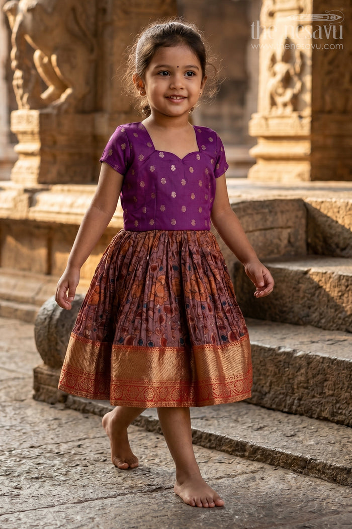 The Nesavu Silk Frock Girls Purple Traditional Dress with Chinon Silk Pleated Skirt and Elegant Zari Border Nesavu 14 (6M) / Purple SF966A-14 Girls Purple Traditional Dress Chinon Silk Pleats Zari Border | The Nesavu