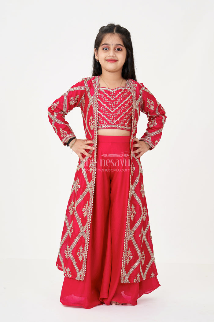 The Nesavu Girls Sharara / Plazo Set Girls Readymade Sharara Set in Maroon Georgette with Embroidered Jacket and Spaghetti Top Nesavu Nesavu Girls Maroon Readymade Sharara Set Georgette Embroidered Jacket Mirror Work