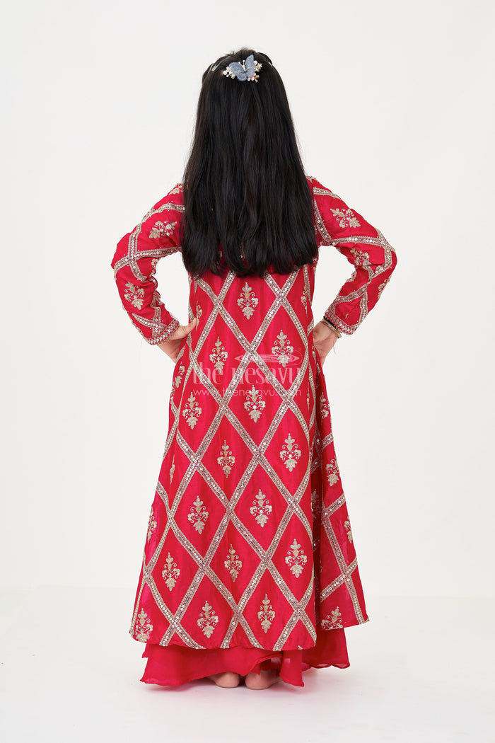 The Nesavu Girls Sharara / Plazo Set Girls Readymade Sharara Set in Maroon Georgette with Embroidered Jacket and Spaghetti Top Nesavu Nesavu Girls Maroon Readymade Sharara Set Georgette Embroidered Jacket Mirror Work