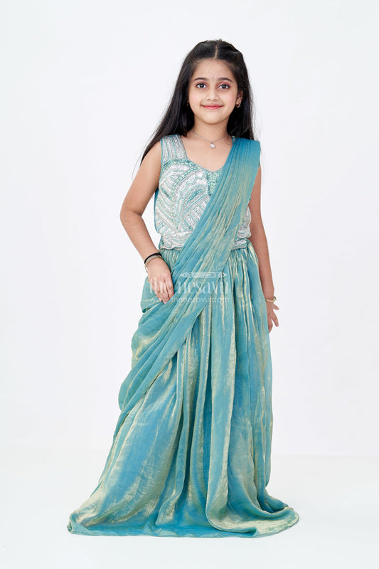 The Nesavu Girls Lehenga Choli Girls Reception Wear Lehenga in Teal Glazed Organza with Silver Sequin Embroidered Blouse Nesavu Nesavu Girls Reception Wear Lehenga Teal Glazed Organza Silver Sequin Embroidered Choli