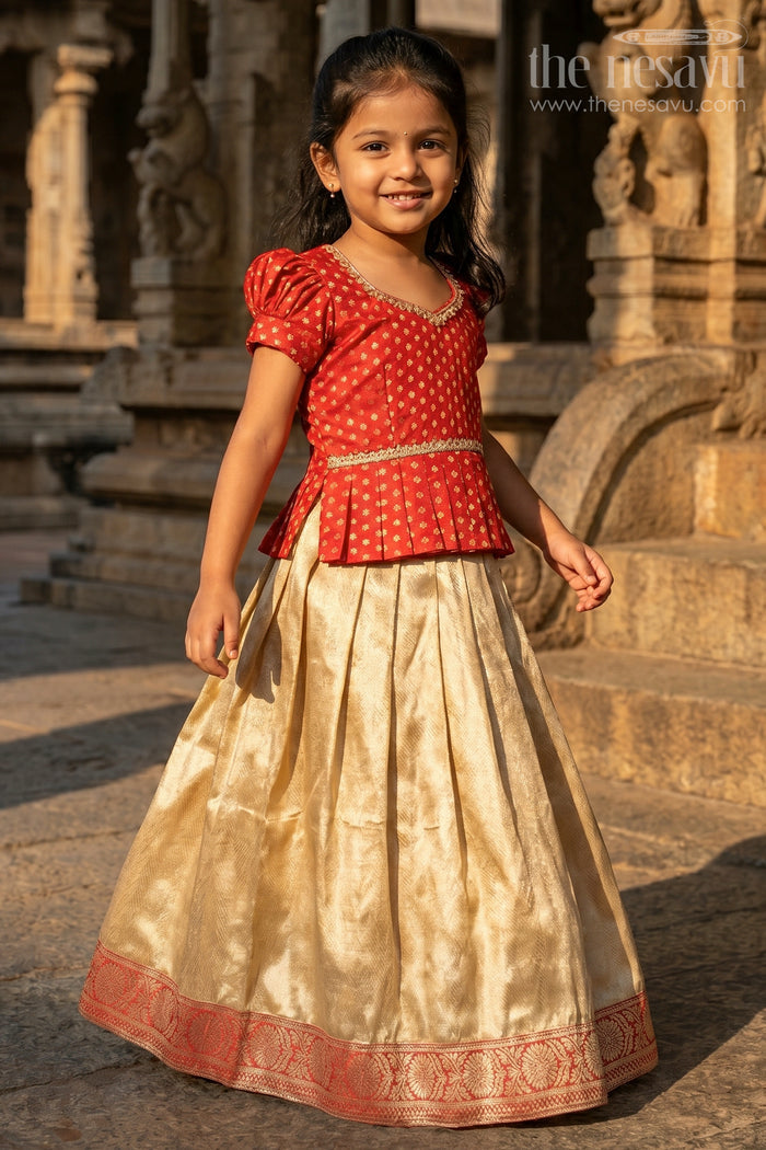 Girls Red and Gold Traditional Gown for Weddings and Temple Visits
