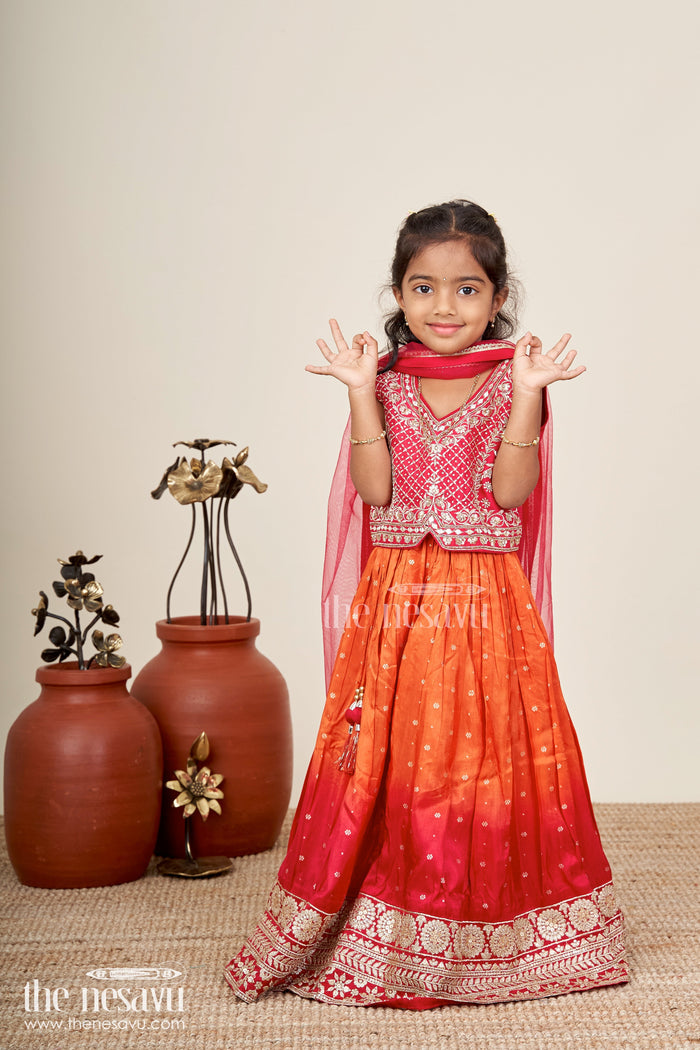 The Nesavu Girls Lehenga Choli Girls Red And Orange Lehenga Choli For Weddings And Diwali Celebrations Nesavu 16 (1Y) / Red GL747A-16 Nesavu Red Orange Lehenga Choli Girls Embroidered Silk Outfit Weddings Diwali
