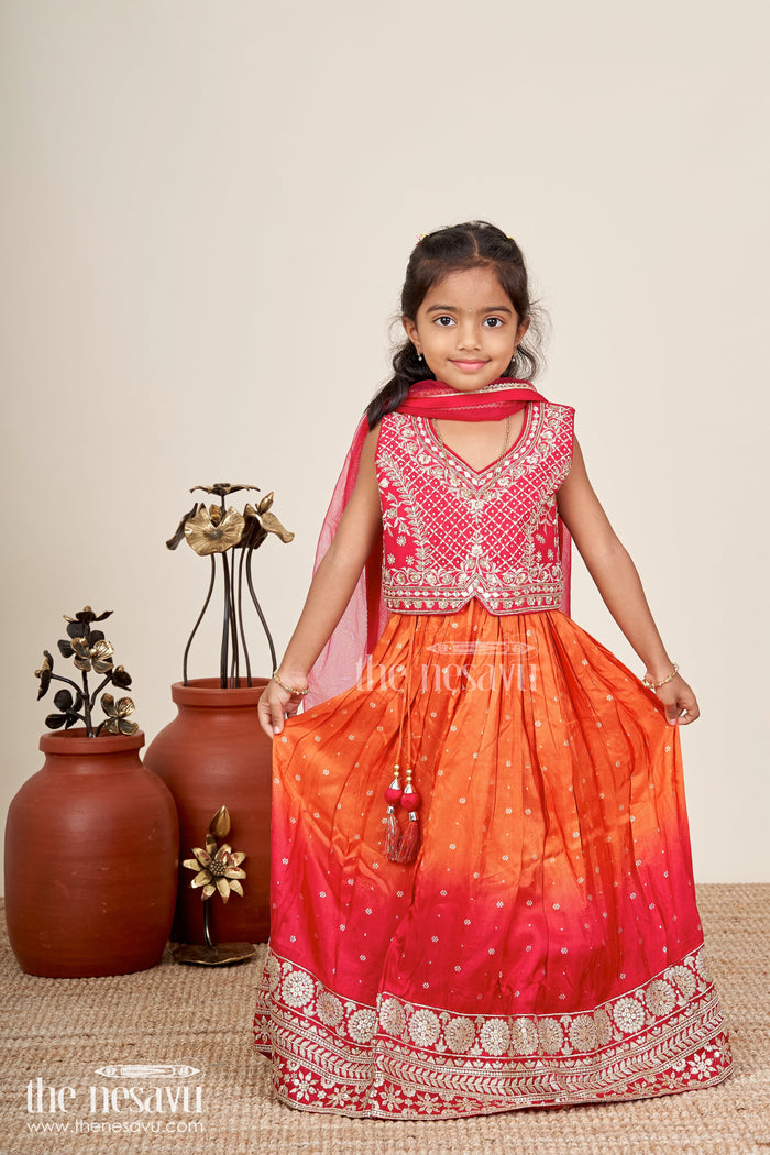 The Nesavu Girls Lehenga Choli Girls Red And Orange Lehenga Choli For Weddings And Diwali Celebrations Nesavu Nesavu Red Orange Lehenga Choli Girls Embroidered Silk Outfit Weddings Diwali