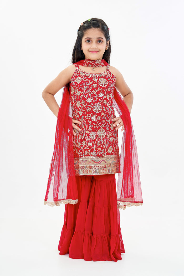 The Nesavu Girls Sharara / Plazo Set Girls Red Plazo Set with Embroidered Top and Flowy Georgette Bottoms for Festive Wear Nesavu Nesavu Girls Red Plazo Set Embroidered Top Layered Palazzo Pants Festive Wear