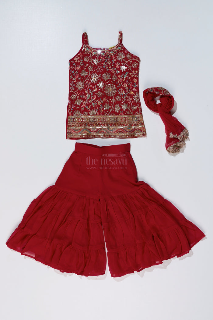 The Nesavu Girls Sharara / Plazo Set Girls Red Plazo Set with Embroidered Top and Flowy Georgette Bottoms for Festive Wear Nesavu Nesavu Girls Red Plazo Set Embroidered Top Layered Palazzo Pants Festive Wear