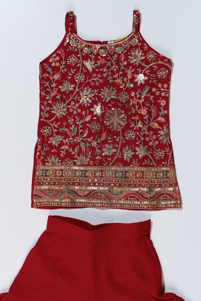 The Nesavu Girls Sharara / Plazo Set Girls Red Plazo Set with Embroidered Top and Flowy Georgette Bottoms for Festive Wear Nesavu Nesavu Girls Red Plazo Set Embroidered Top Layered Palazzo Pants Festive Wear