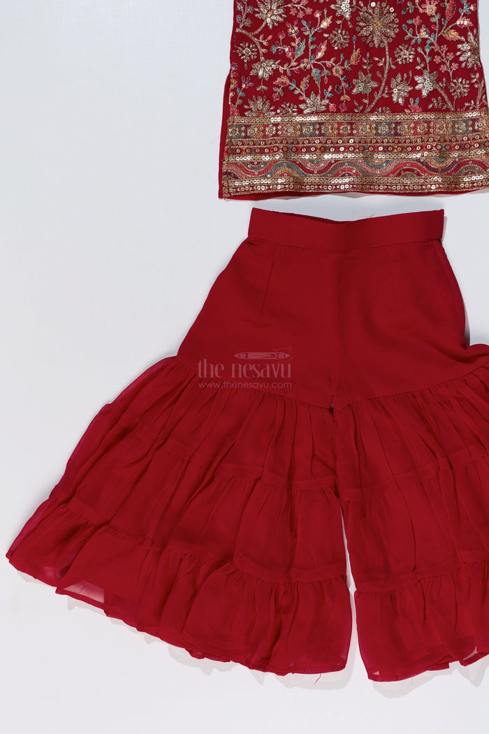 The Nesavu Girls Sharara / Plazo Set Girls Red Plazo Set with Embroidered Top and Flowy Georgette Bottoms for Festive Wear Nesavu Nesavu Girls Red Plazo Set Embroidered Top Layered Palazzo Pants Festive Wear