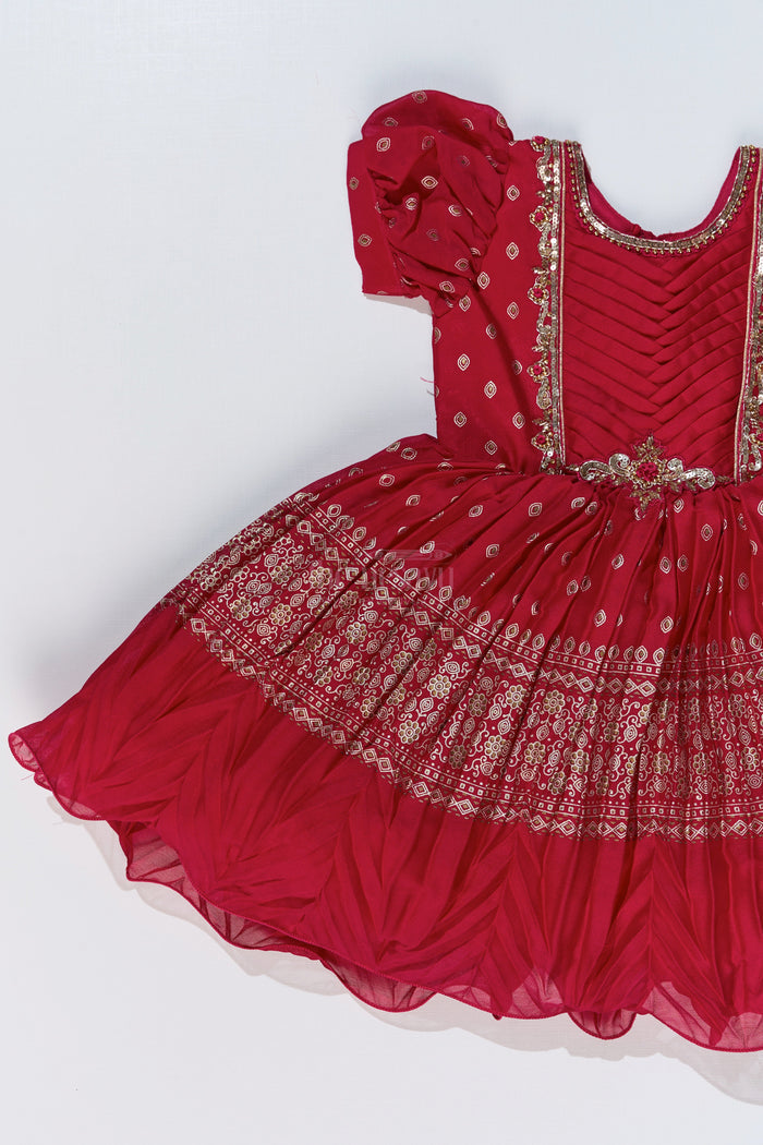 The Nesavu Silk Party Frock Girls Red Raw Silk Frock with Gold Zari Embroidery and Flared Silhouette for Special Occasions Nesavu Nesavu Girls Red Raw Silk Frock Gold Zari Embroidery Flared Silhouette