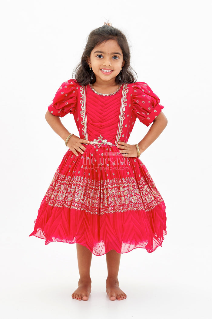 The Nesavu Silk Party Frock Girls Silk Ke Frock with Gold Embroidered Borders and Puff Sleeves for a Regal Look Nesavu Girls Silk Ke Frock Gold Embroidered Borders Puff Sleeves | The Nesavu