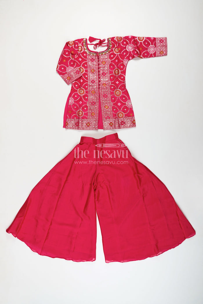 The Nesavu Girls Sharara / Plazo Set Girls Red Sharara Set with Embroidered Yoke for Weddings and Festive Wear Nesavu Nesavu girls red sharara set embroidered kurti plazo pants festive occasions