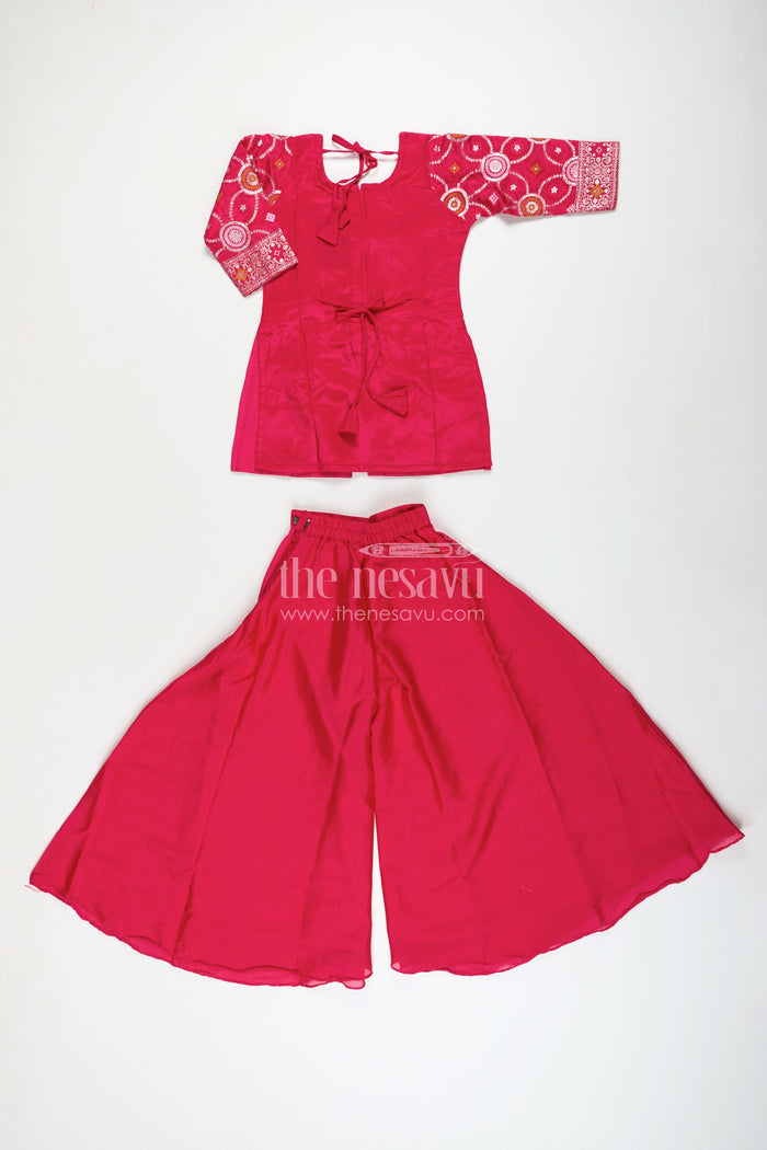 The Nesavu Girls Sharara / Plazo Set Girls Red Sharara Set with Embroidered Yoke for Weddings and Festive Wear Nesavu Nesavu girls red sharara set embroidered kurti plazo pants festive occasions