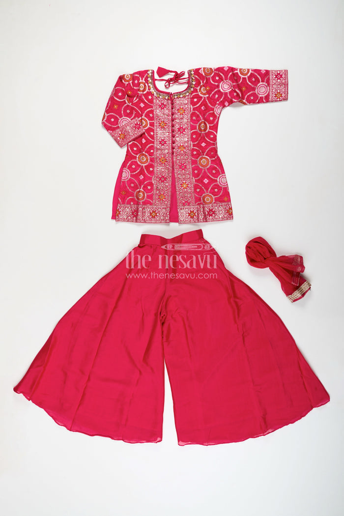 The Nesavu Girls Sharara / Plazo Set Girls Red Sharara Set with Embroidered Yoke for Weddings and Festive Wear Nesavu Nesavu girls red sharara set embroidered kurti plazo pants festive occasions