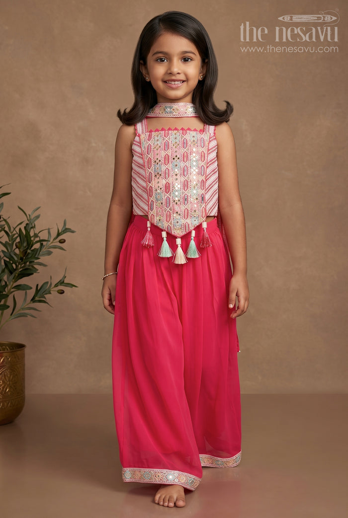 The Nesavu Girls Sharara / Plazo Set Girls Red Sharara Set with Sleeveless Crop Top and Embroidered Detailing Nesavu 16 (1Y) / Red GPS401B-16 Nesavu Girls Red Sharara Set Sleeveless Crop Top Intricate Embroidery