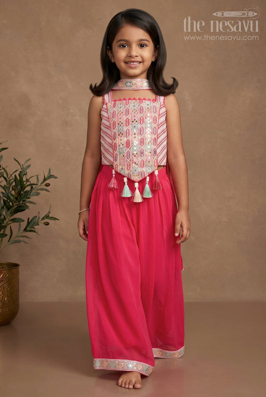 The Nesavu Girls Sharara / Plazo Set Girls Red Sharara Set with Sleeveless Crop Top and Embroidered Detailing Nesavu 16 (1Y) / Red GPS401B-16 Nesavu Girls Red Sharara Set Sleeveless Crop Top Intricate Embroidery