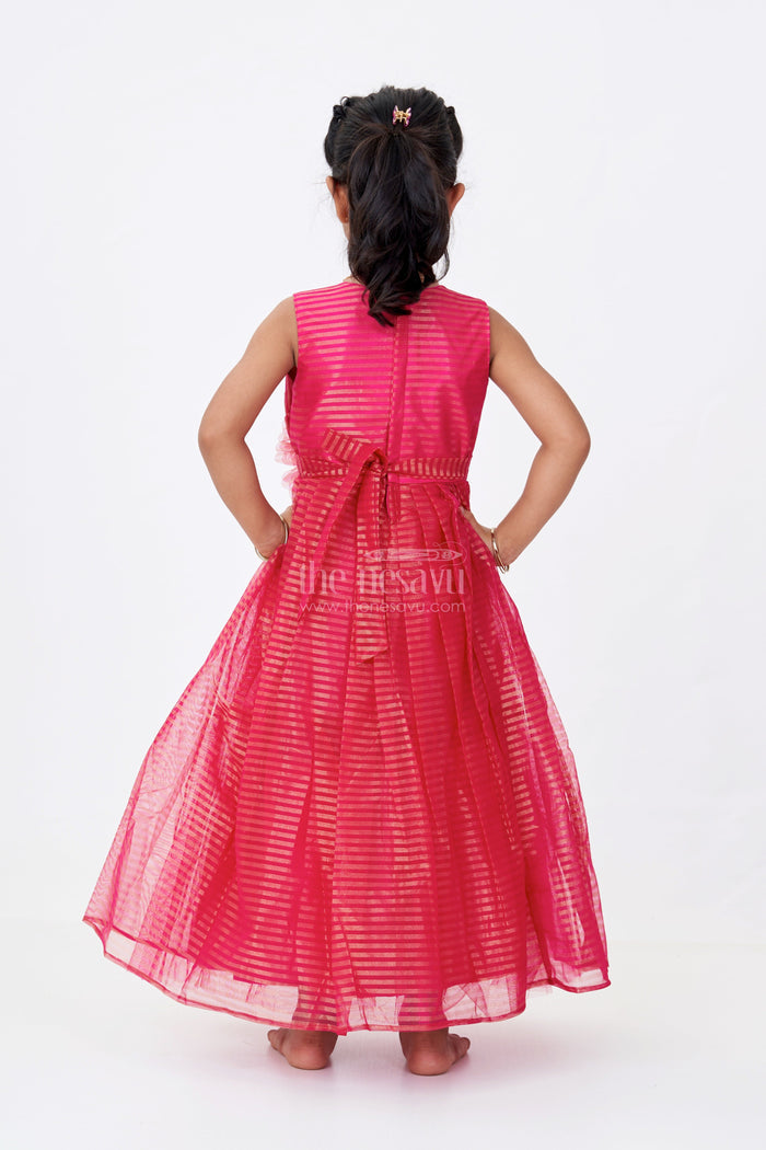 The Nesavu Girls Silk Gown Girls Red Silk Gown in Soft Net with Stripe Design and Oversized Floral Waist Embellishment Nesavu Nesavu Girls Red Silk Gown Soft Net Gold Stripes Waist Flower Detail
