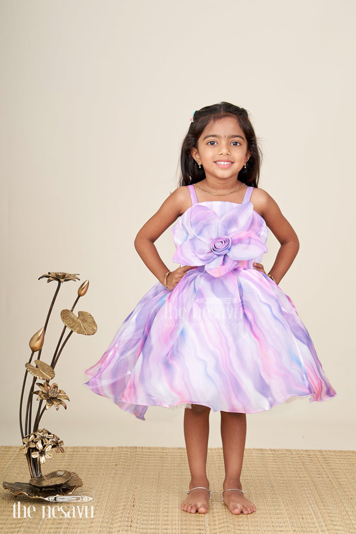 The Nesavu Girls Fancy Party Frock Girls satin pastel swirl party frock with oversized flower detail Nesavu Nesavu girls satin swirl print party frock with oversized flower pastel festive wear