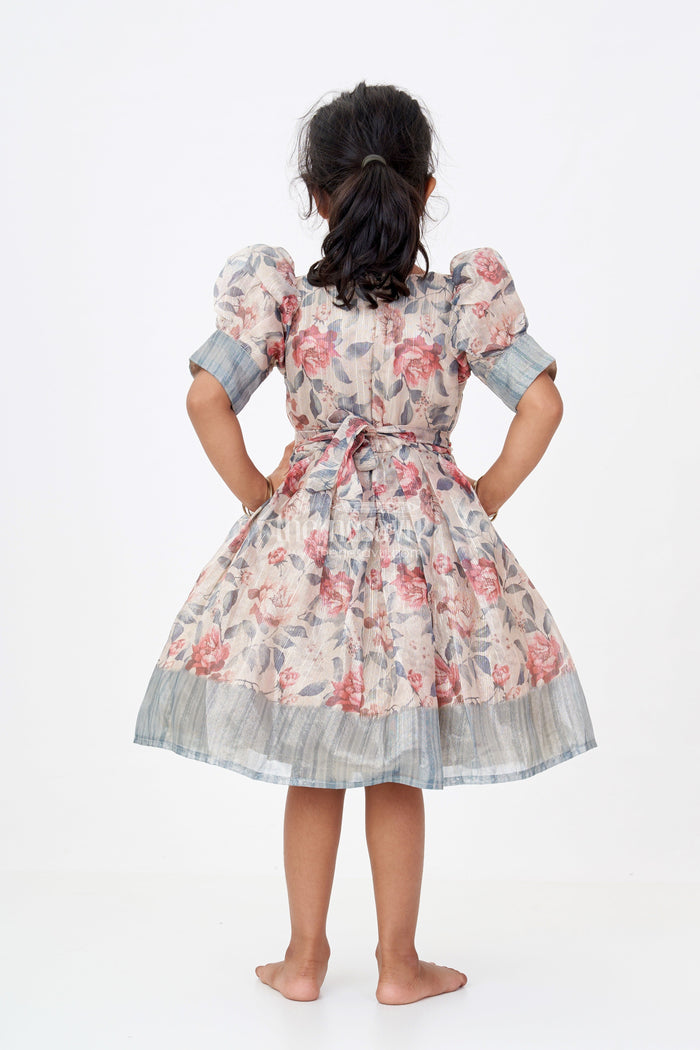 The Nesavu Silk Frock Girls Satin Silk Frock in Floral Gold Tissue with Puff Sleeves and Ombre Shaded Hemline Nesavu Satin Silk Frock Girls Gold Tissue Fabric Floral Print Ombre Border Detail | The Nesavu