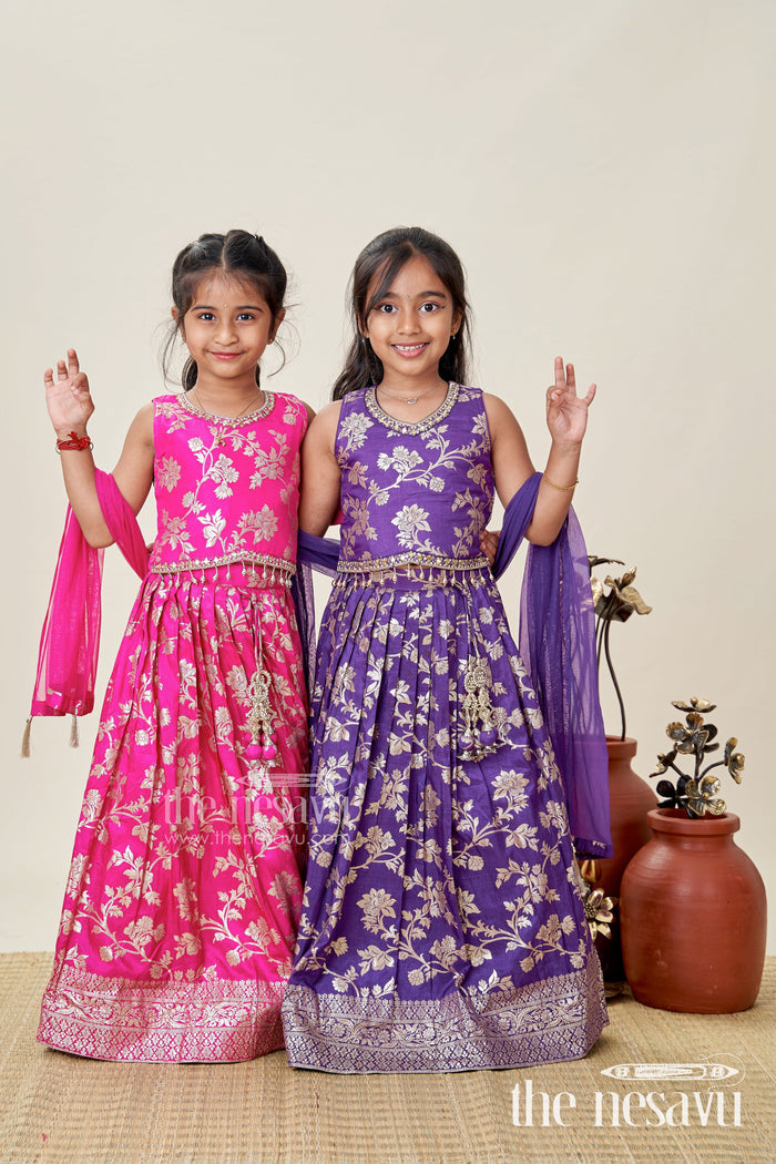 The Nesavu Girls Lehenga Choli Girls Semi Banaras Lehenga Dress Pink with Floral Jaal Weaving and Bead Trimmed Choli Nesavu Girls Pink Lehenga Dress Semi Banaras Floral Jacquard Beaded Choli Matching Dupatta | The Nesavu