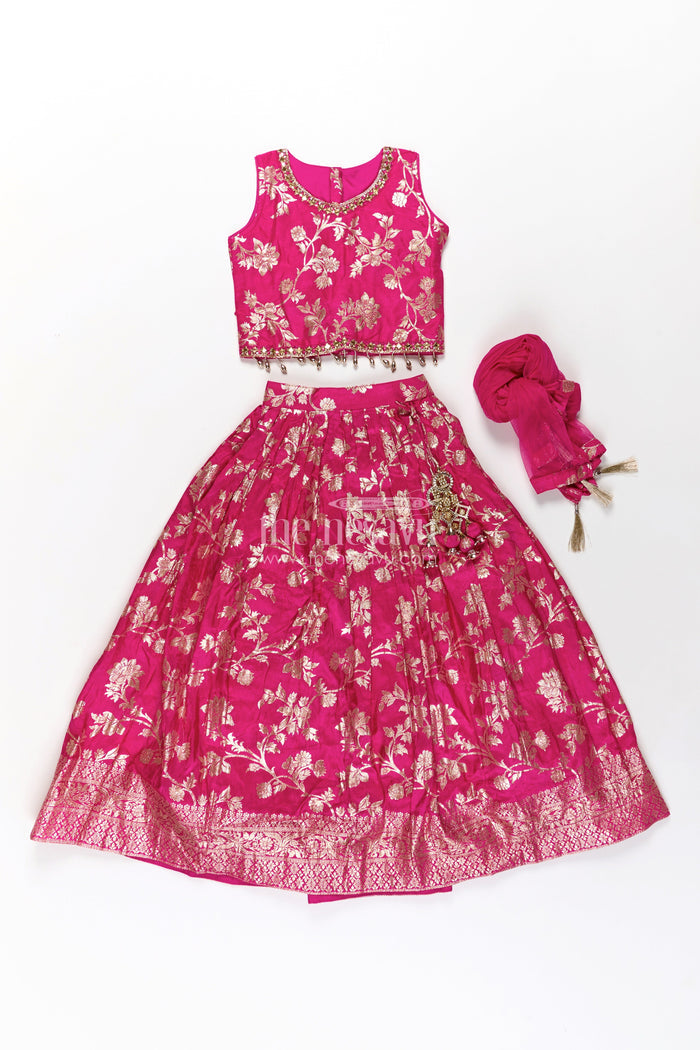 The Nesavu Girls Lehenga Choli Girls Semi Banaras Lehenga Dress Pink with Floral Jaal Weaving and Bead Trimmed Choli Nesavu Girls Pink Lehenga Dress Semi Banaras Floral Jacquard Beaded Choli Matching Dupatta | The Nesavu