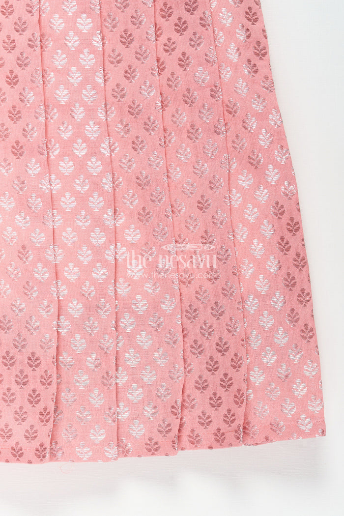 The Nesavu Girls Silk Gown Girls Semi Banaras Silk Pink Party Wear Gown with Intricate Woven Motifs and Classic Puff Sleeves Nesavu Girls Semi Banaras Silk Pink Party Wear Gown Floral Woven Design Puff Sleeves | The Nesavu