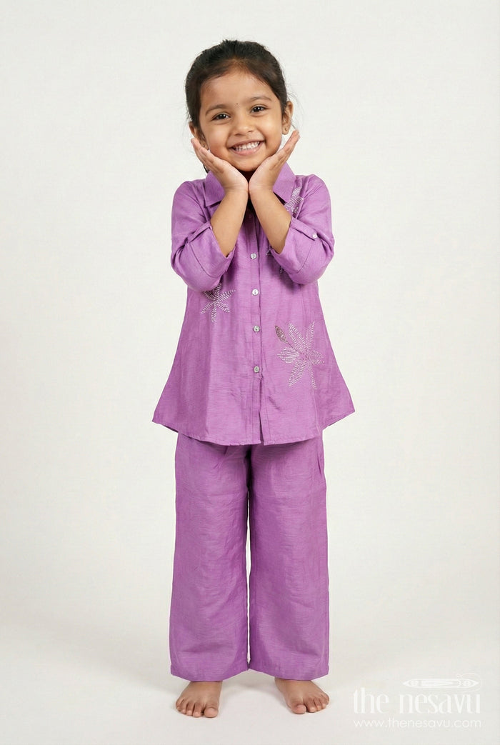 The Nesavu Girls Casual Set Girls Semi-Formal Ethnic Set with Collared Top and Sequin Floral Motifs Nesavu 24 (5Y) / Purple GPS873A-24 Nesavu girls ethnic casual set floral bead embroidery collared tunic