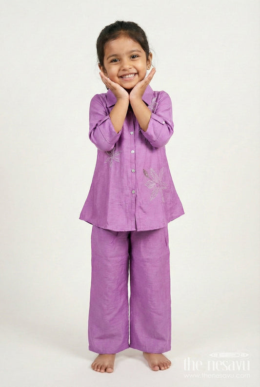 The Nesavu Girls Casual Set Girls Semi-Formal Ethnic Set with Collared Top and Sequin Floral Motifs Nesavu 24 (5Y) / Purple GPS873A-24 Nesavu girls ethnic casual set floral bead embroidery collared tunic