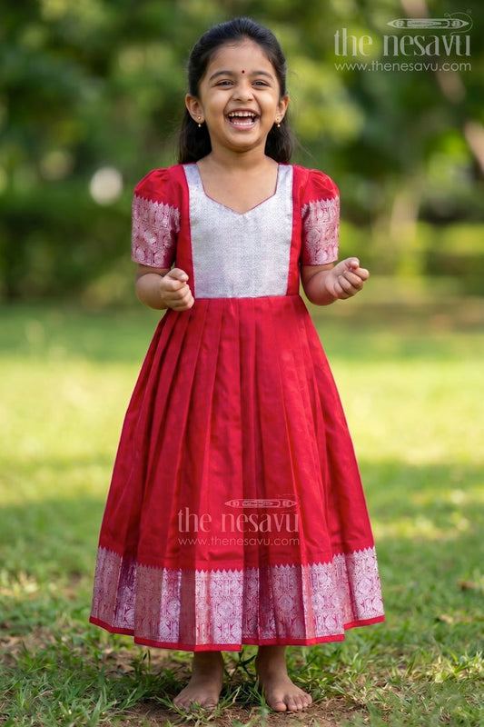 The Nesavu Girls Silk Gown Girls Semi Silk Pink Gown Design with Embellished Yoke and Traditional Zari Border Nesavu 16 (1Y) / Pink GA326A-16 Girls Semi Silk Pink Gown Design Silver Yoke Puff Sleeves Traditional Festivities | The Nesavu