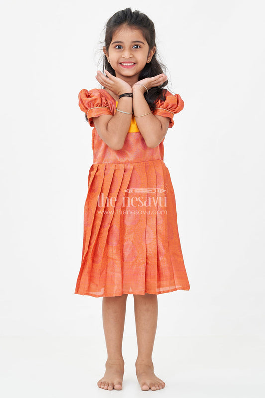 The Nesavu Silk Frock Girls Semi Silk Pure Silk Frock in Orange with Yellow Yoke and Brocade Pleated Skirt Nesavu 18 (2Y) / Orange SF1018A-18 Nesavu Girls Semi Silk Pure Silk Frock Orange Yellow Yoke Traditional Brocade Detailing