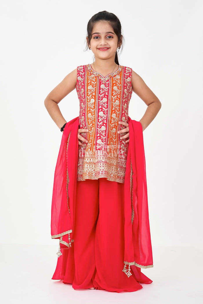 The Nesavu Girls Sharara / Plazo Set Girls Sharara Design in Red Georgette with Sequined Sleeveless Top and Matching Dupatta Nesavu Nesavu Girls Red Sharara Design Set Georgette Flared Pants Embroidered Sleeveless Top
