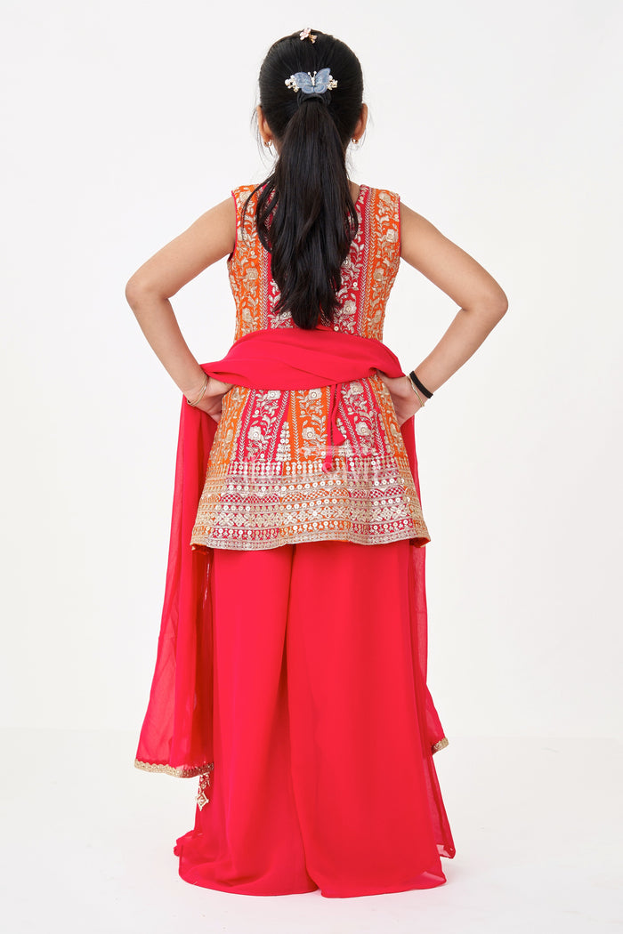 The Nesavu Girls Sharara / Plazo Set Girls Sharara Design in Red Georgette with Sequined Sleeveless Top and Matching Dupatta Nesavu Nesavu Girls Red Sharara Design Set Georgette Flared Pants Embroidered Sleeveless Top