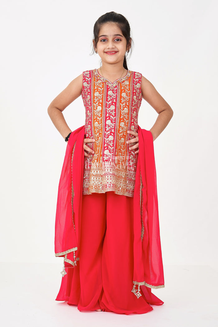 The Nesavu Girls Sharara / Plazo Set Girls Sharara Design in Red Georgette with Sequined Sleeveless Top and Matching Dupatta Nesavu Girls Red Sharara Design Set Georgette Flared Pants Embroidered Sleeveless Top | The Nesavu