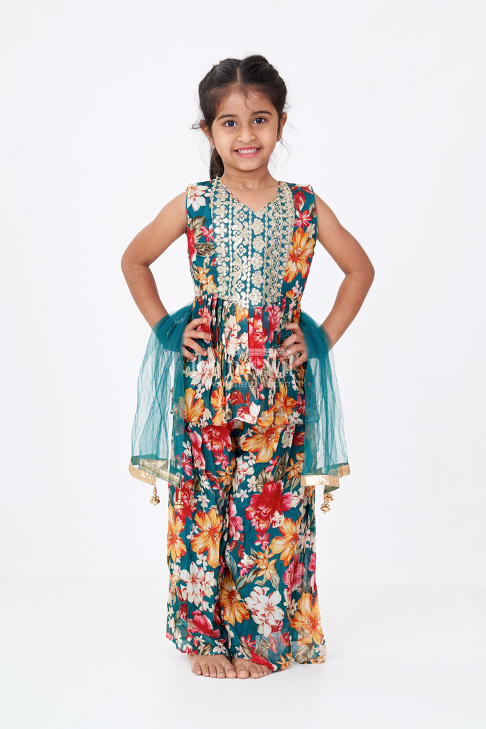 The Nesavu Girls Sharara / Plazo Set Girls Sharara Plazo Set in Floral Georgette with Foil Embroidery and Dupatta Nesavu Nesavu Girls Sharara Plazo Set Floral Georgette Print Foil Embroidery