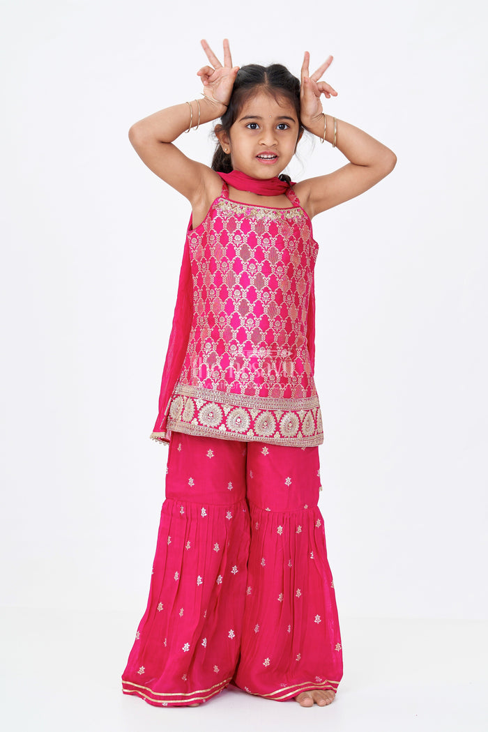 The Nesavu Girls Sharara / Plazo Set Girls Sharara Salwar Suit in Georgette with Zari Border and Sequin Embroidered Strappy Top and Dupatta Nesavu 16 (1Y) / Pink GPS560A-16 Girls Sharara Salwar Suit Georgette Sequin Embroidery Zari Bordered Dupatta | The Nesavu