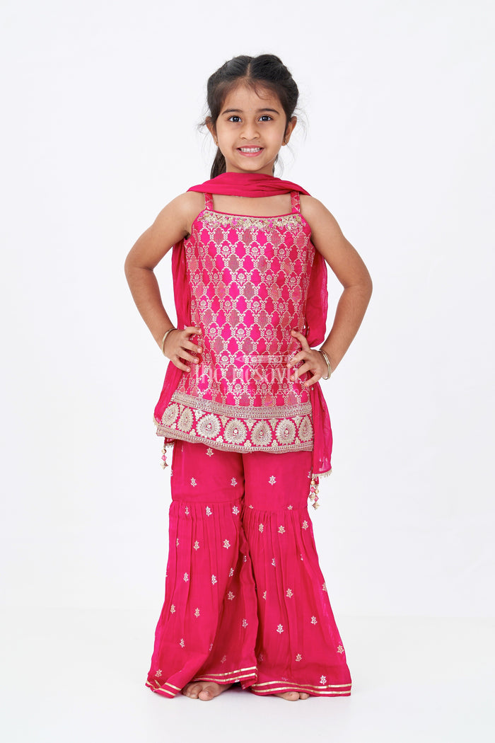 The Nesavu Girls Sharara / Plazo Set Girls Sharara Salwar Suit in Georgette with Zari Border and Sequin Embroidered Strappy Top and Dupatta Nesavu Girls Sharara Salwar Suit Georgette Sequin Embroidery Zari Bordered Dupatta | The Nesavu