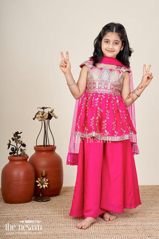 The Nesavu Girls Sharara / Plazo Set Girls Sharara Set for Birthday Parties and Festive Family Functions Nesavu 16 (1Y) / Pink GPS850B-16 Nesavu girls sharara set georgette embroidery  ideal birthdays festive parties