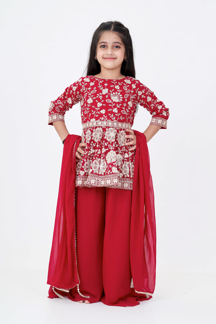 The Nesavu Girls Sharara / Plazo Set Girls Sharara Set Georgette in Maroon with Designer Embroidery and Matching Dupatta for Festive Wear Nesavu Nesavu Girls Sharara Set Georgette Maroon Designer Embroidery Matching Dupatta