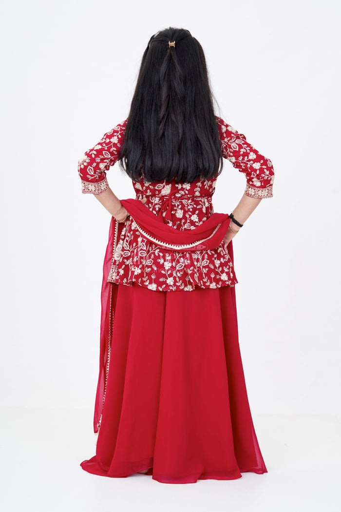 The Nesavu Girls Sharara / Plazo Set Girls Sharara Set Georgette in Maroon with Designer Embroidery and Matching Dupatta for Festive Wear Nesavu Nesavu Girls Sharara Set Georgette Maroon Designer Embroidery Matching Dupatta