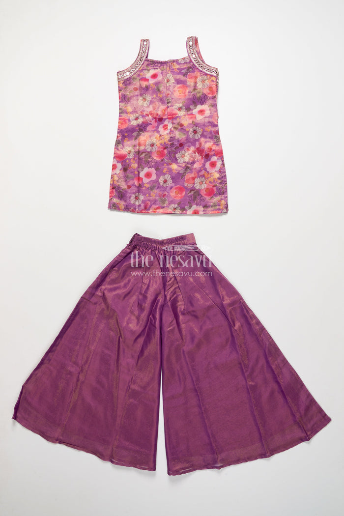 The Nesavu Girls Sharara / Plazo Set Girls Sharara Set in Viscose Silk with Floral Embroidery Yoke Nesavu Nesavu girls silk sharara set floral embroidery yoke festive occasions
